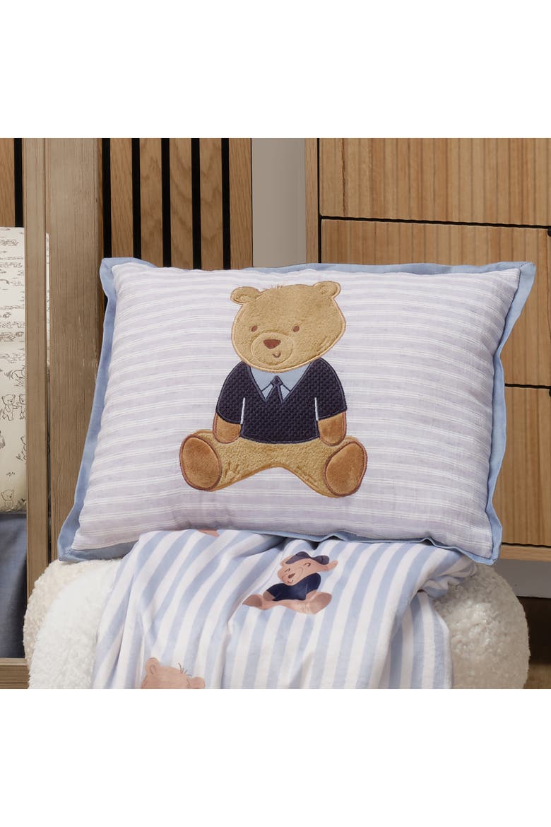 Blue Sweater Bear Decorative Pillow with Custom Applique, Alternate, color, Blue