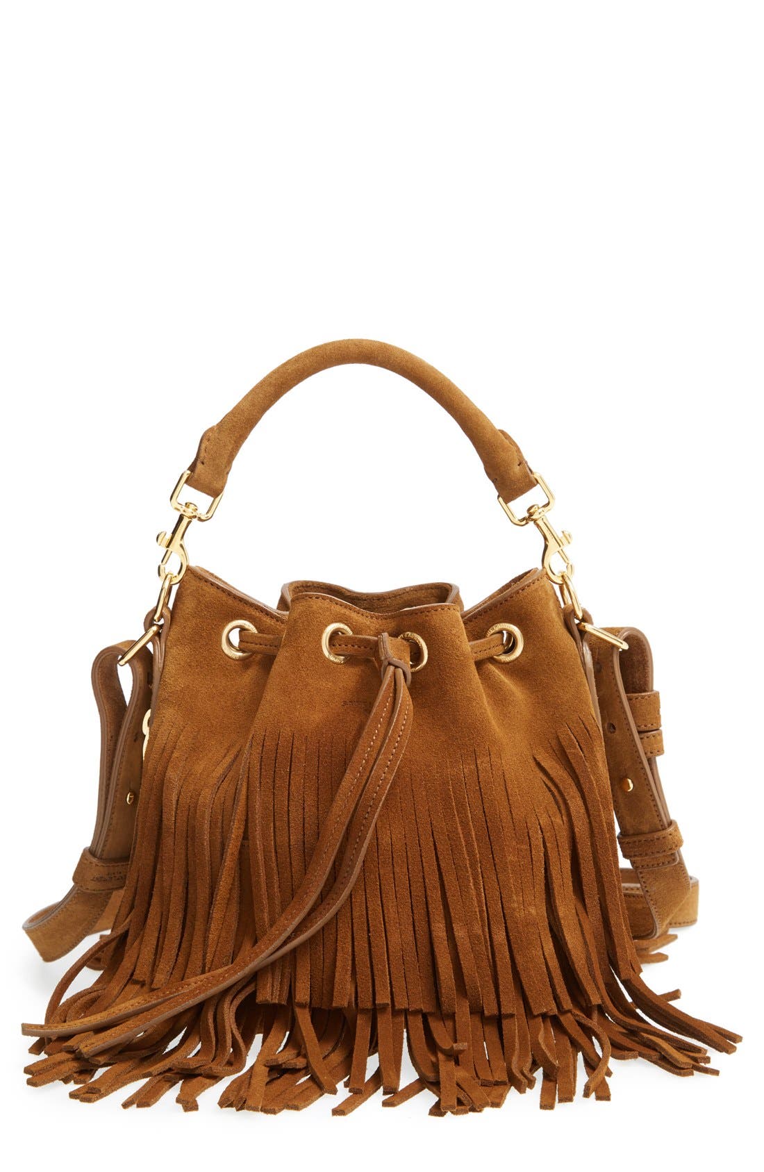 Saint Laurent 'Emmanuelle' Suede Fringe Bucket Bag, Main, color, 