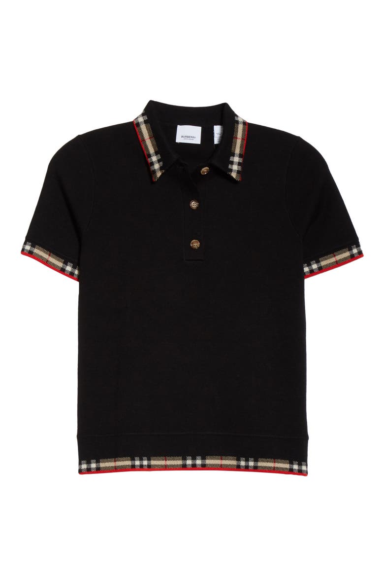 Lola Check Trim Merino Wool Blend Polo Sweater, Alternate, color, BLACK