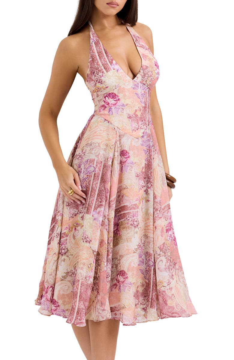 HOUSE OF CB Solada Floral Halter Midi Sundress, Alternate, color, Arizona Floral Patchwork Print