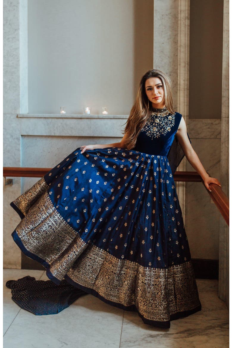 Alice Embroidered Jacquard Gown, Alternate, color, Navy Blue