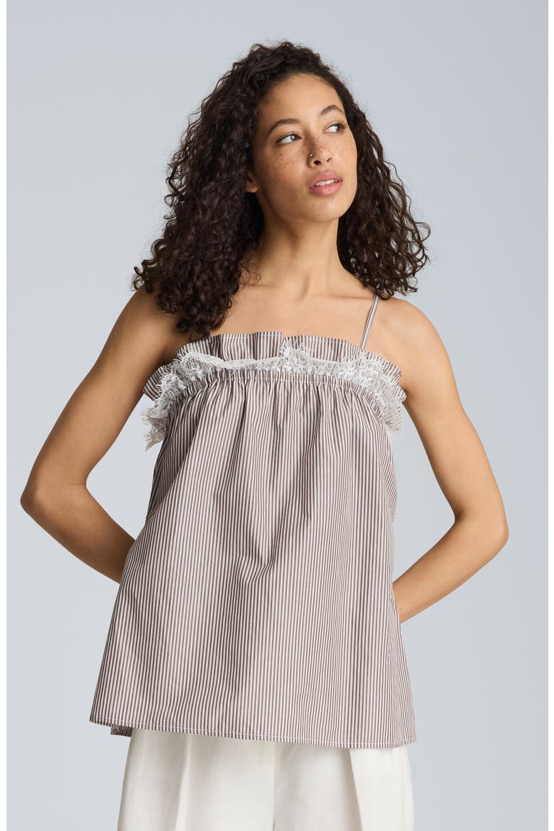 Shirred Lace Trim Cotton Camisole, Alternate, color, BRUNETTE / PURE WHITE