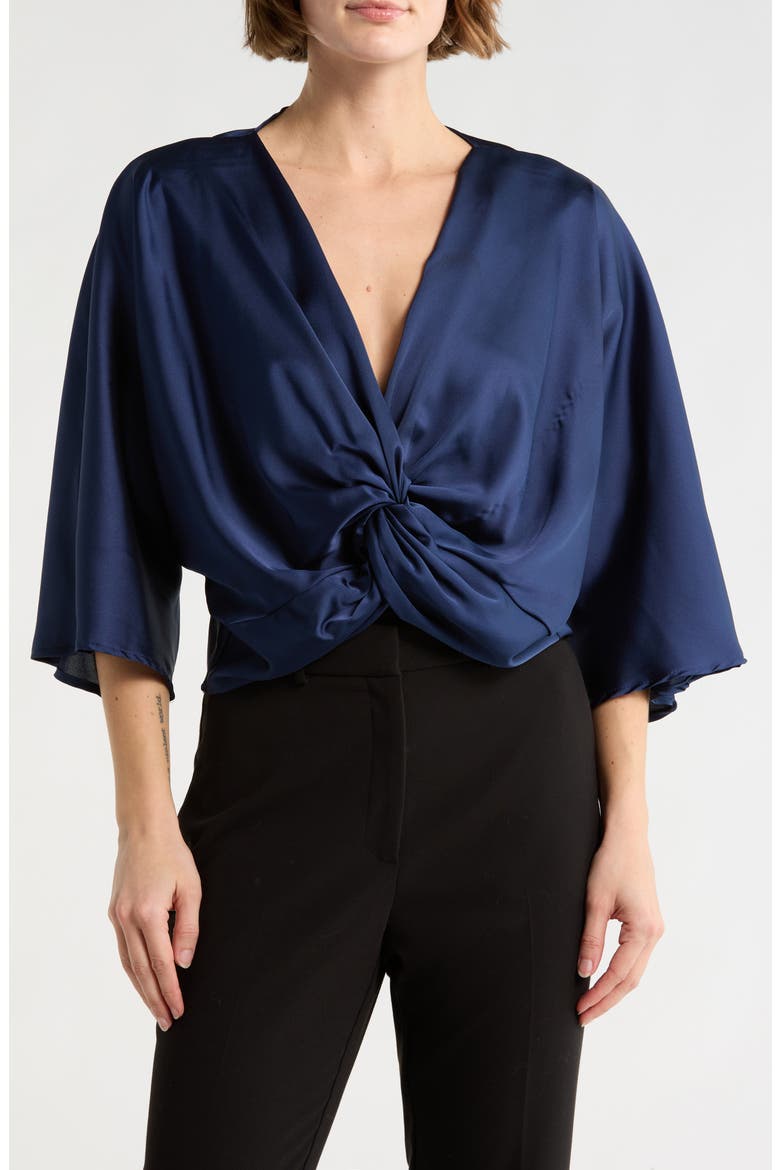 Plunge Neck Long Sleeve Twisted Knot Satin Top, Main, color, NAVY