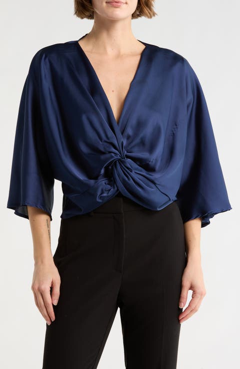 Plunge Neck Long Sleeve Twisted Knot Satin Top