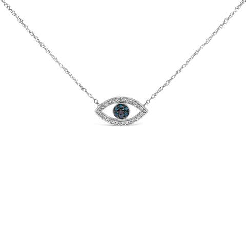 Sterling Silver 1/4 Cttw Blue and White Diamond Evil Eye Necklace