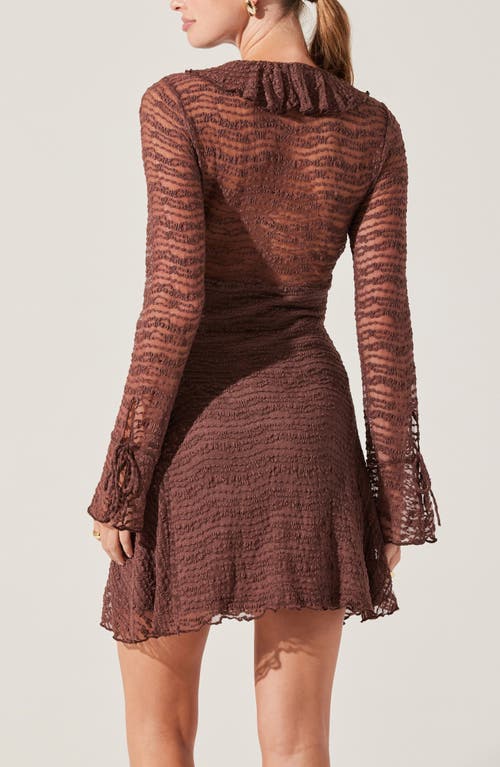 Astr The Label Ruffle Long Sleeve Stretch Lace Minidress In Chocolate Brown
