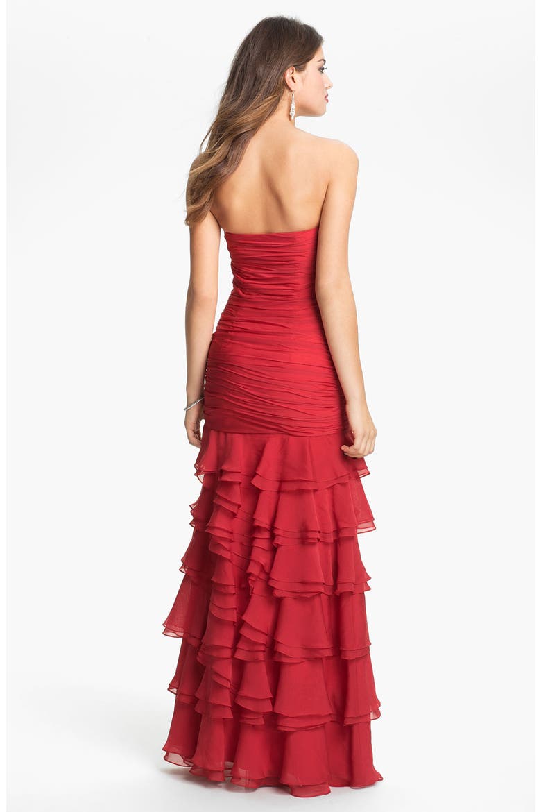 Ruched & Tiered Strapless Chiffon Gown, Alternate, color, SCARLET
