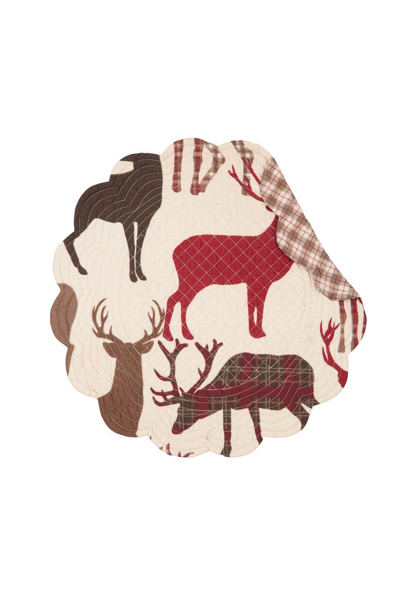 Colton Deer Print Quilted 100% Cotton Round, Set of 6 Placemats 17", Main, color, Red