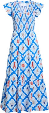 SUGARLIPS Lobster Bay Sunfire Smocked Cotton Tiered Maxi Dress