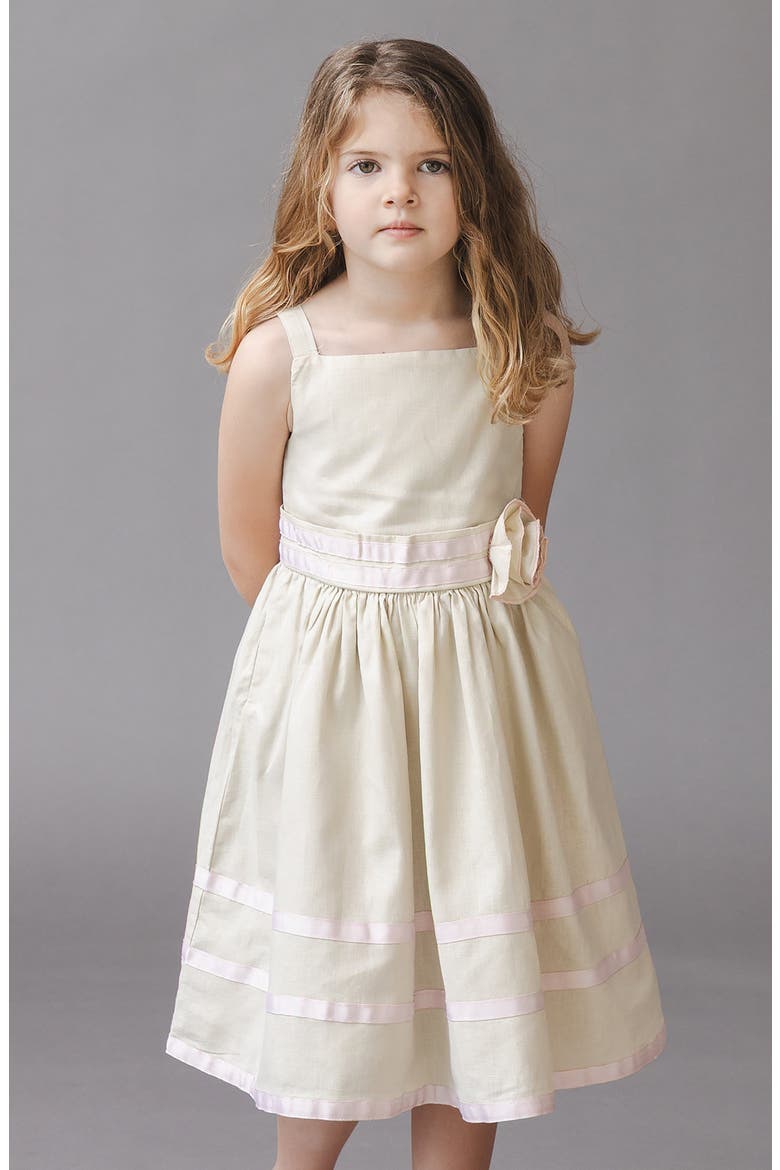 Kids' Linen Cami Rosette Dress, Alternate, color, Sand Linen