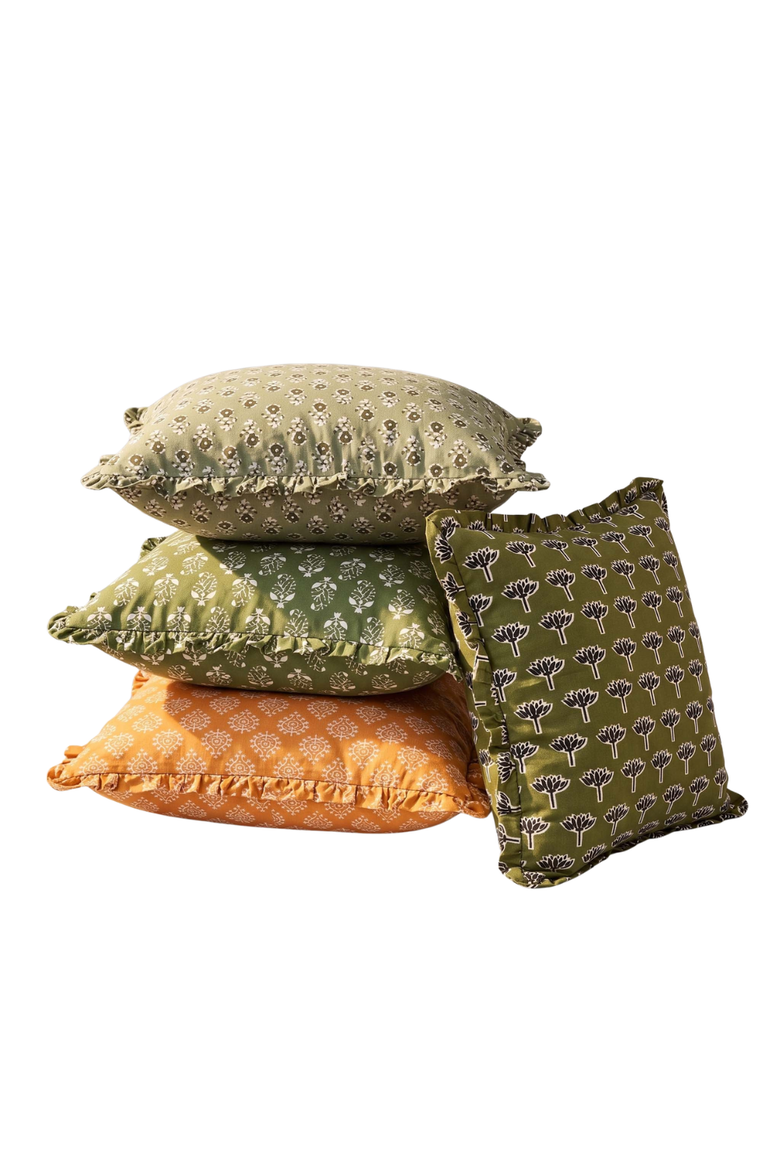 Block-Printed Pillow Cover with Ruffled Cotton and Hidden Zipper, Alternate, color, Marigold Honey