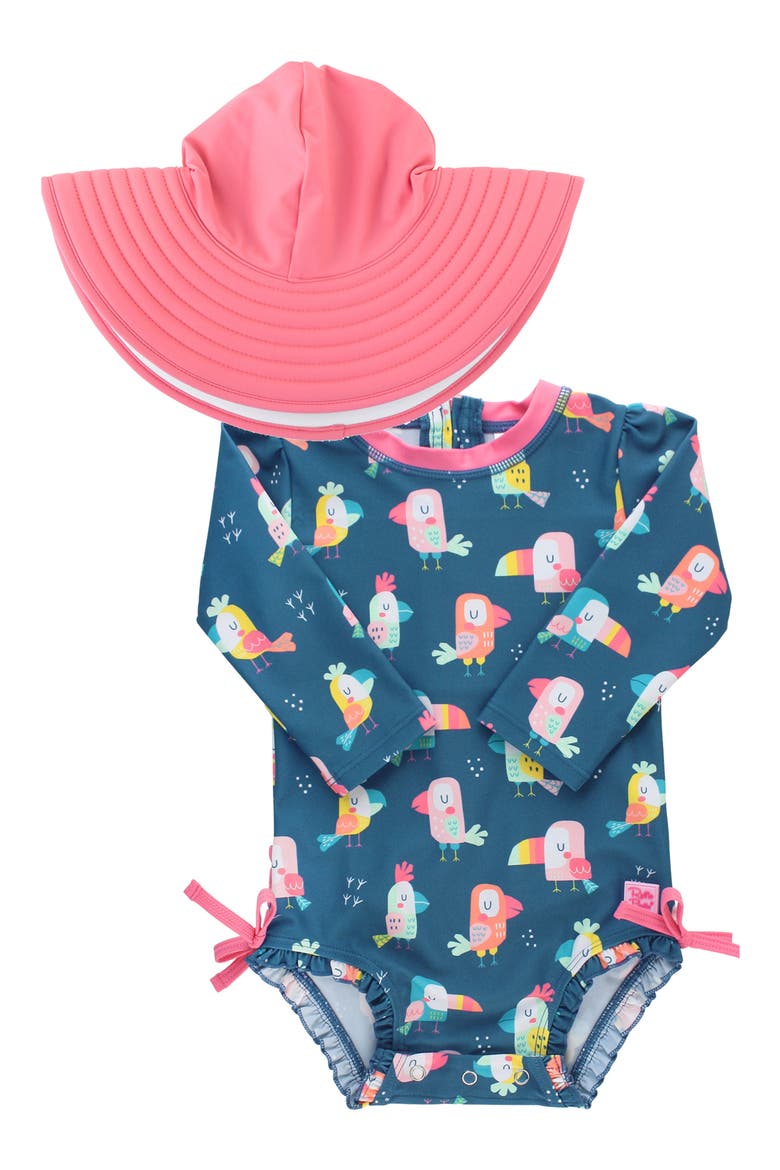 You're The Tweetest One-Piece Rashguard Swimsuit & Hat Set, Main, color, BLUE