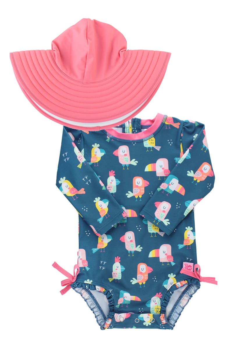 RuffleButts You're The Tweetest One-Piece Rashguard Swimsuit & Hat Set, Main, color, 