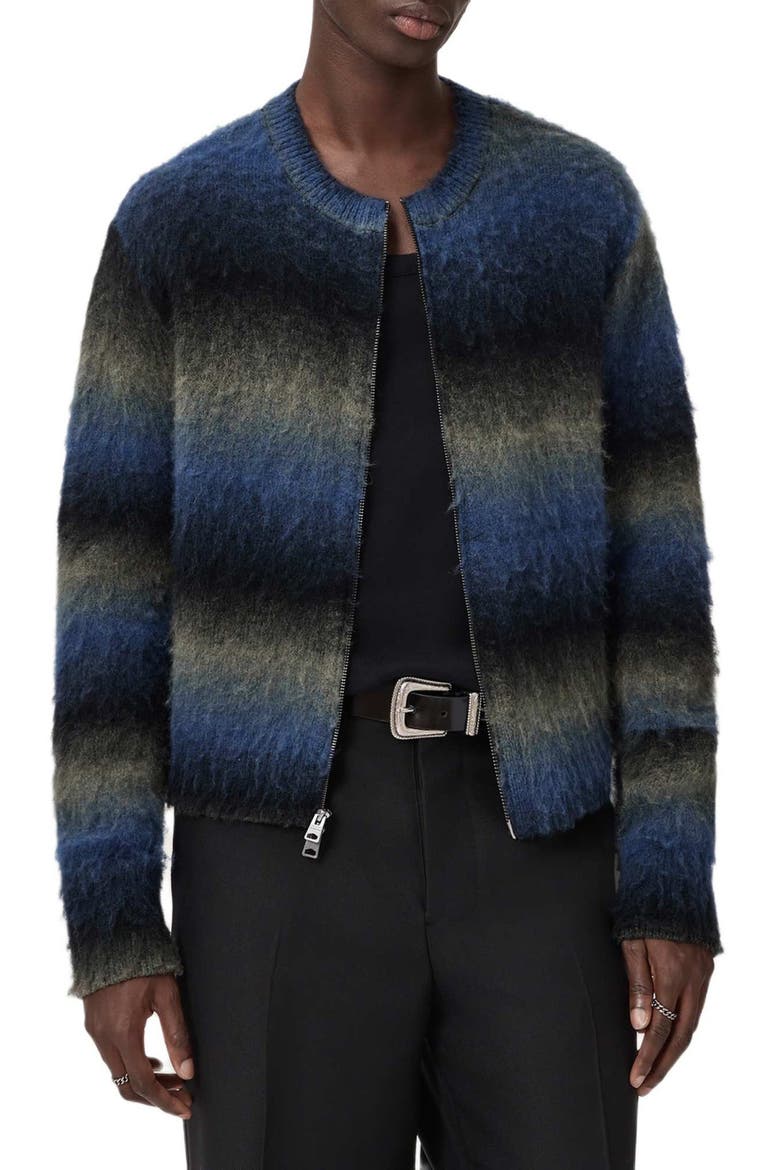 Halley Ombré Stripe Crewneck Wool Blend Zip Cardigan, Alternate, color, BLUE/ GREY/ BLACK
