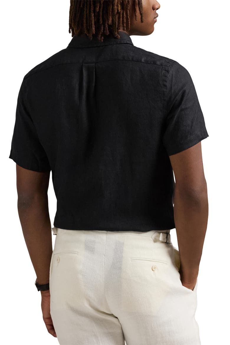 Solid Black Short Sleeve Linen Button-Down Shirt, Alternate, color, POLO BLACK
