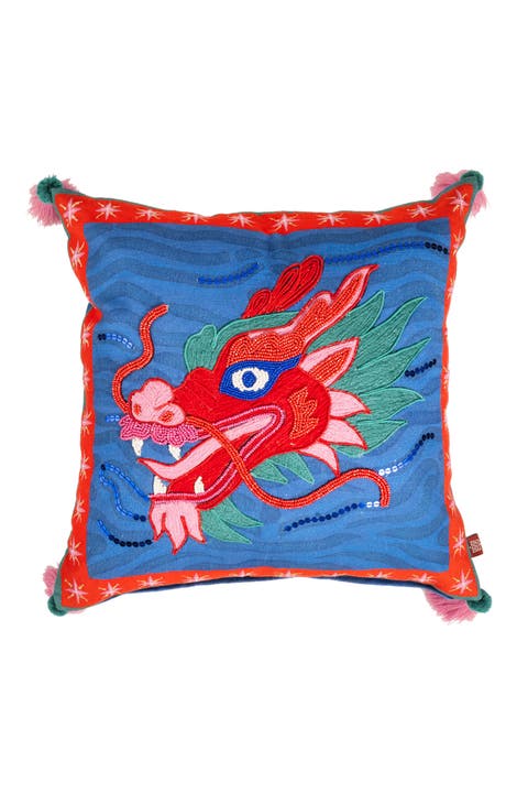 Ghuni Tasseled Embroidered 100% Cotton Home Accent Dragon