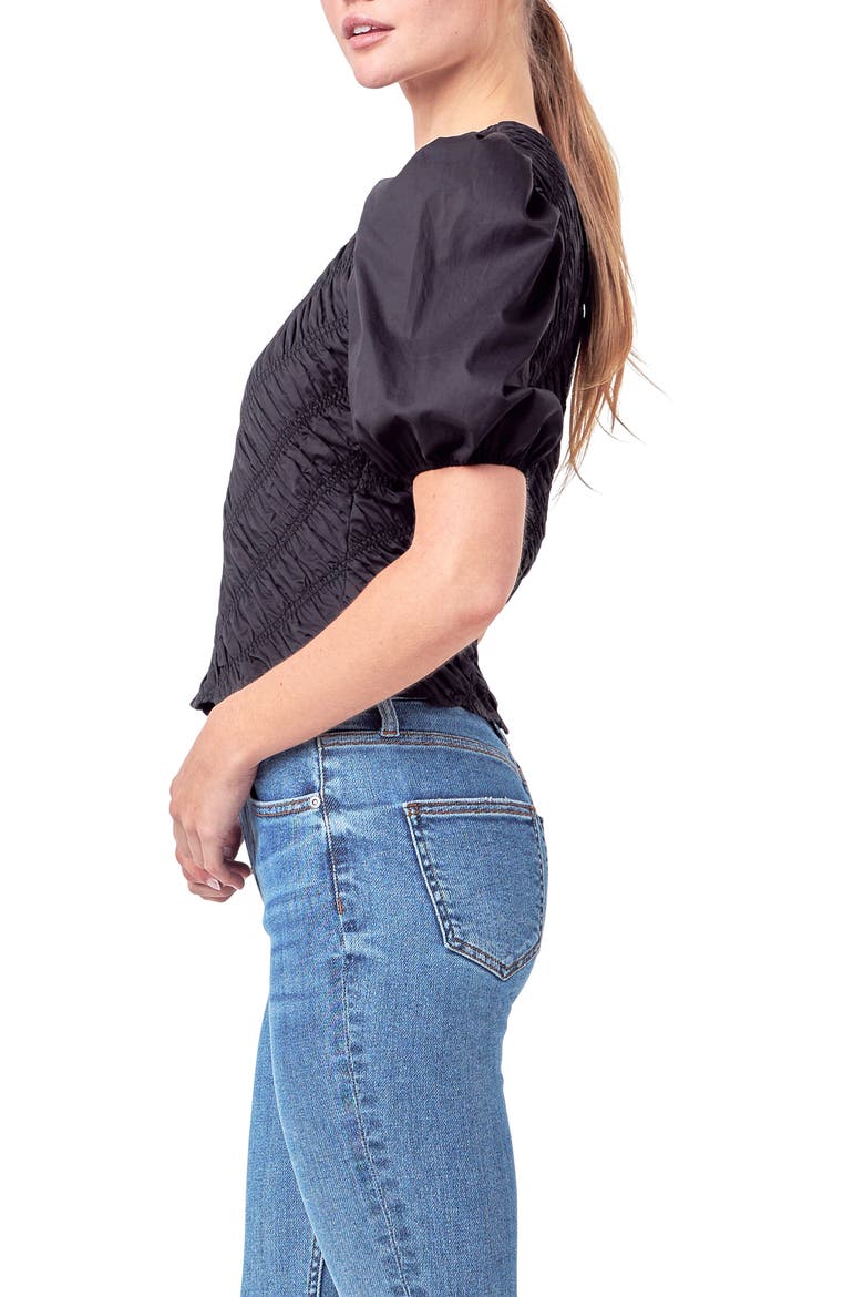 Asymmetric Shirred Puff Sleeve Top, Alternate, color, BLACK