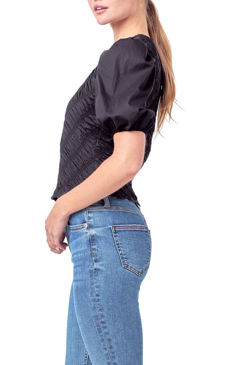 English Factory Asymmetric Shirred Puff Sleeve Top, Alternate, color, Black