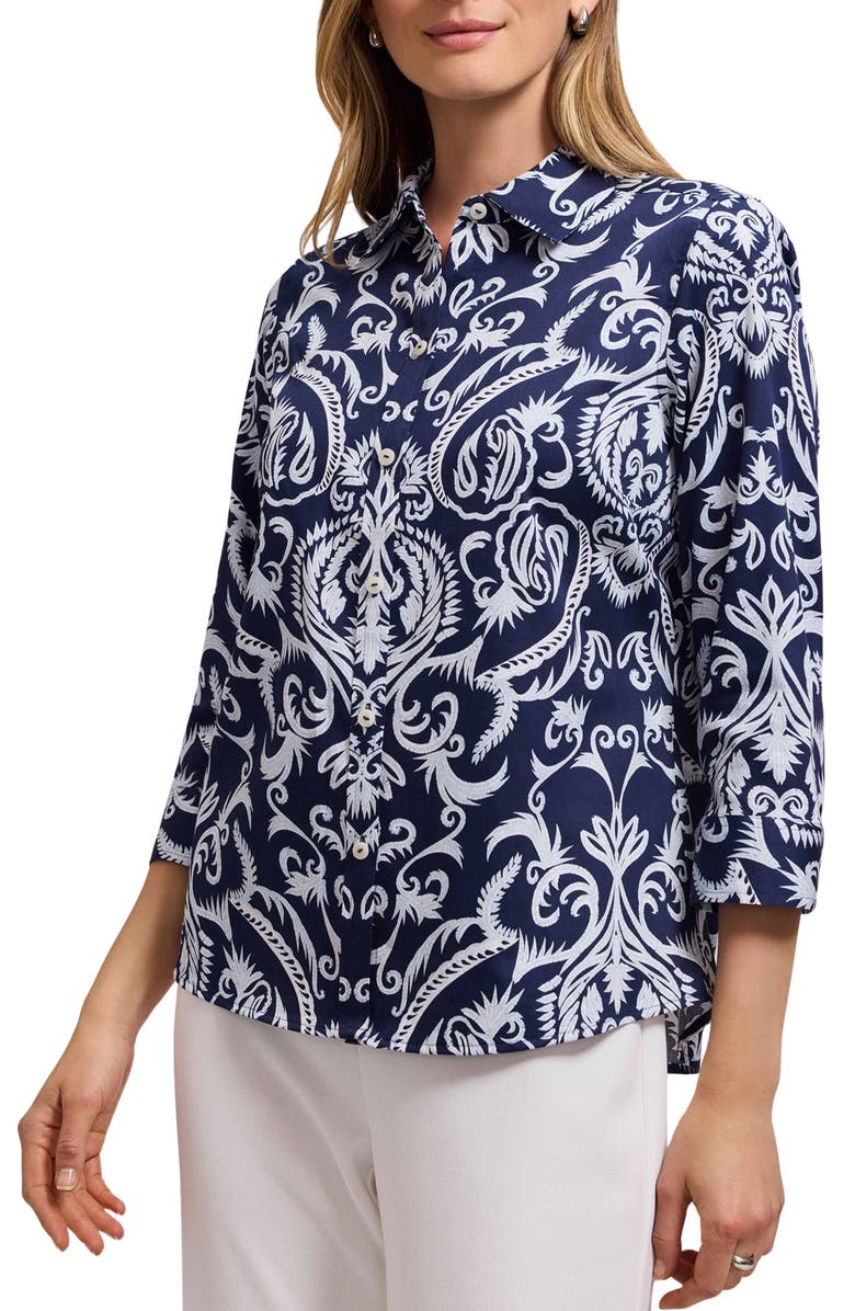 Foxcroft Hampton Damask Shirt, Alternate, color, Navy Blue/ White