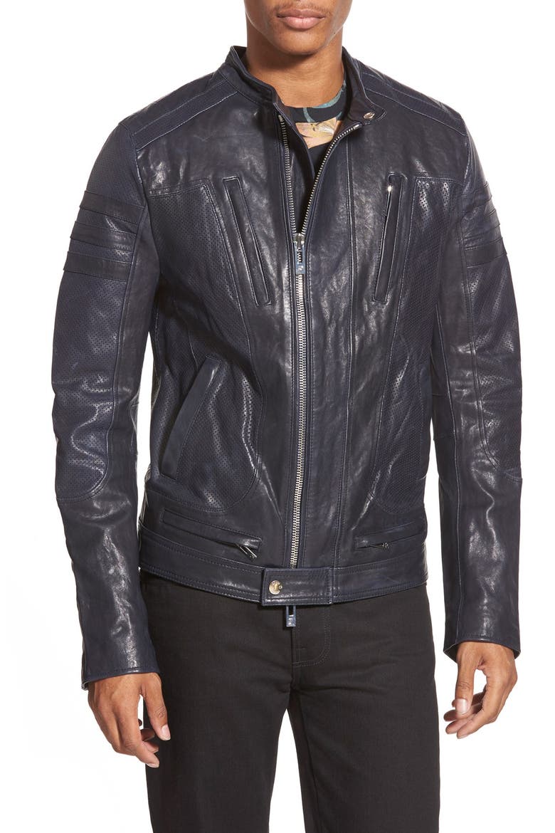 Café Racer Leather Jacket, Main, color, NAVY