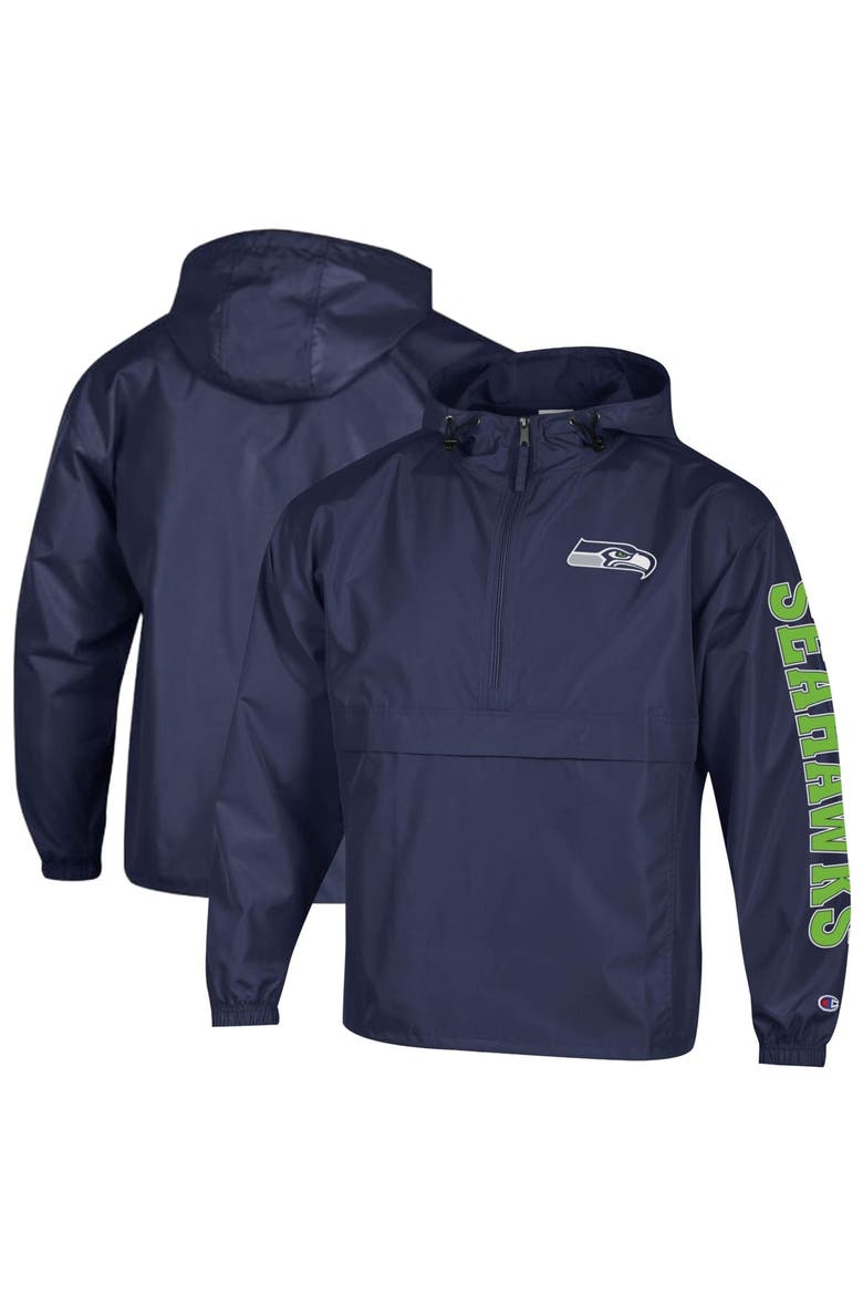 Men's Champion College Navy Seattle Seahawks Packable Hooded Windbreaker Half-Zip Jacket, Main, color, College Navy