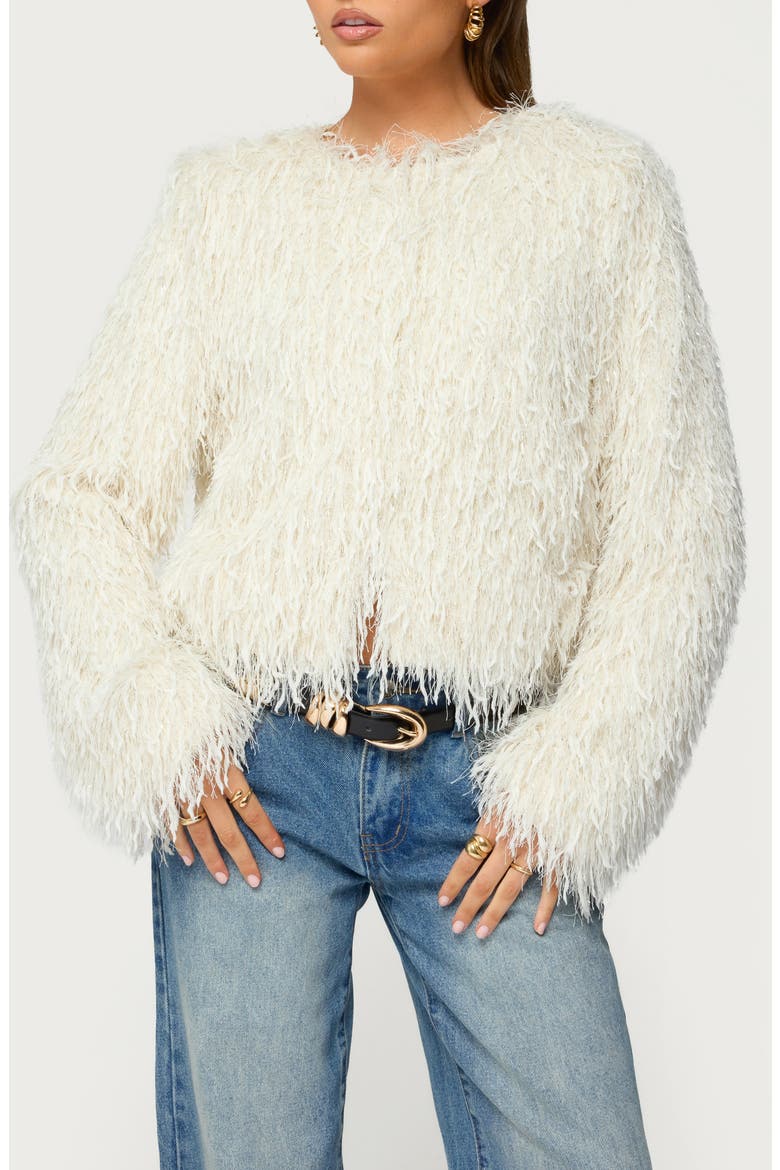Aleandra Fringe Faux Fur Crop Jacket, Main, color, CREAM