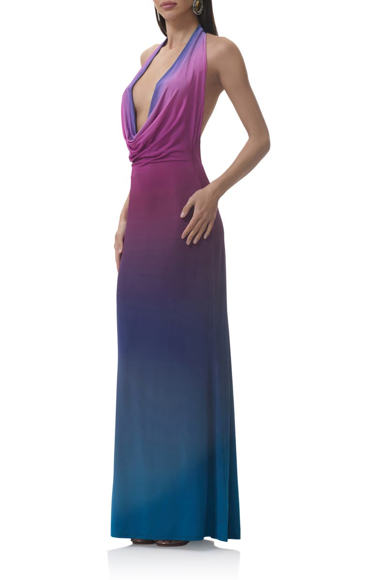 AFRM Imade Plunge Halter Neck Ombré Maxi Dress, Alternate, color, Midnight Ombre