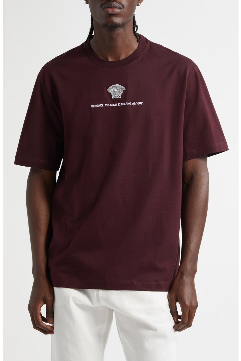 Medusa Embroidered Cotton T-Shirt, Main, color, 1LH50-DARK AUBERGINE