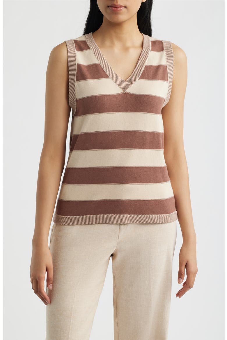 Stripe V-Neck Sweater Vest, Main, color, MACADAMIA/ LIGHT CACAO POWDER