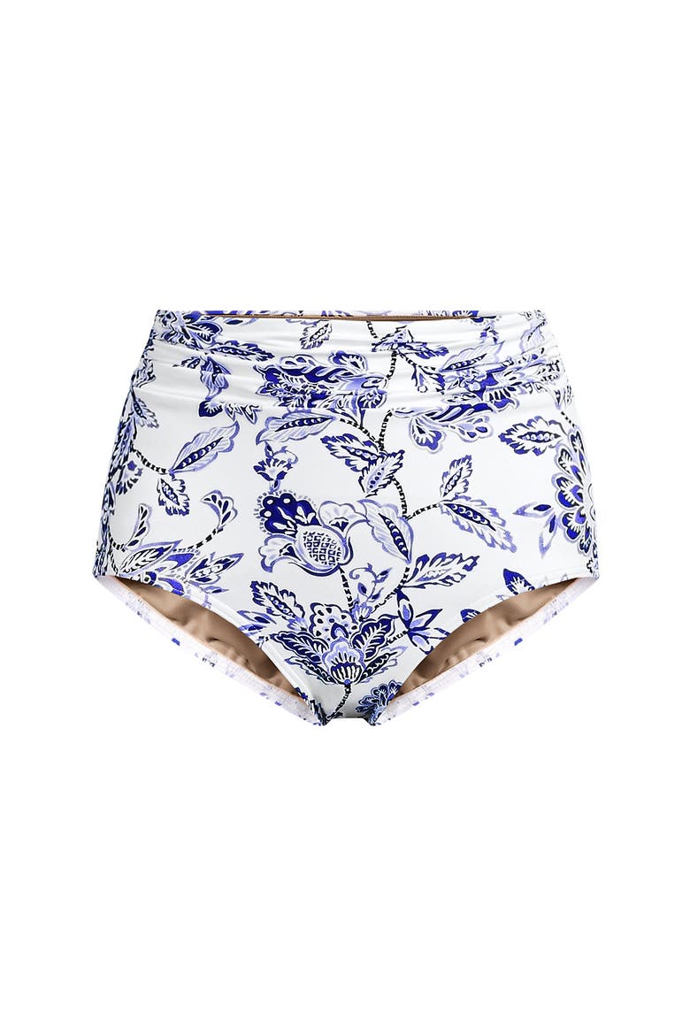 Chlorine Resistant Ruched Natural High Waisted Full Coverage Bikini Swim Bottoms, Alternate, color, White/Blue Vintage Floral