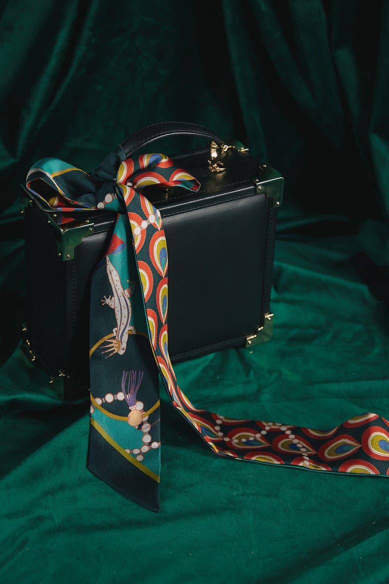 "Peacock" Silk Twill Skinny Scarf, Alternate, color, Teal Green
