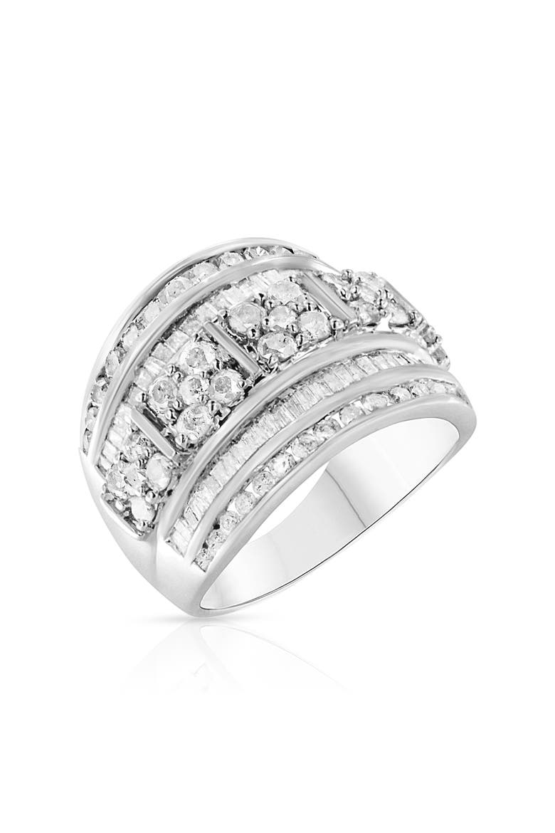 Silver 2.0 Cttw Round & Baguette Diamond Multi-Row Tapered Cocktail Ring, Alternate, color, White