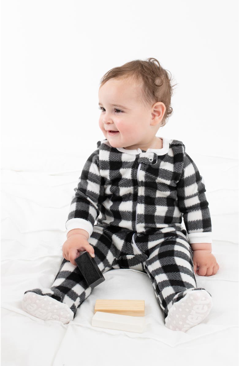 Leveret Footed Fleece Printed Holiday Pajamas, Alternate, color, Plaid Black & White