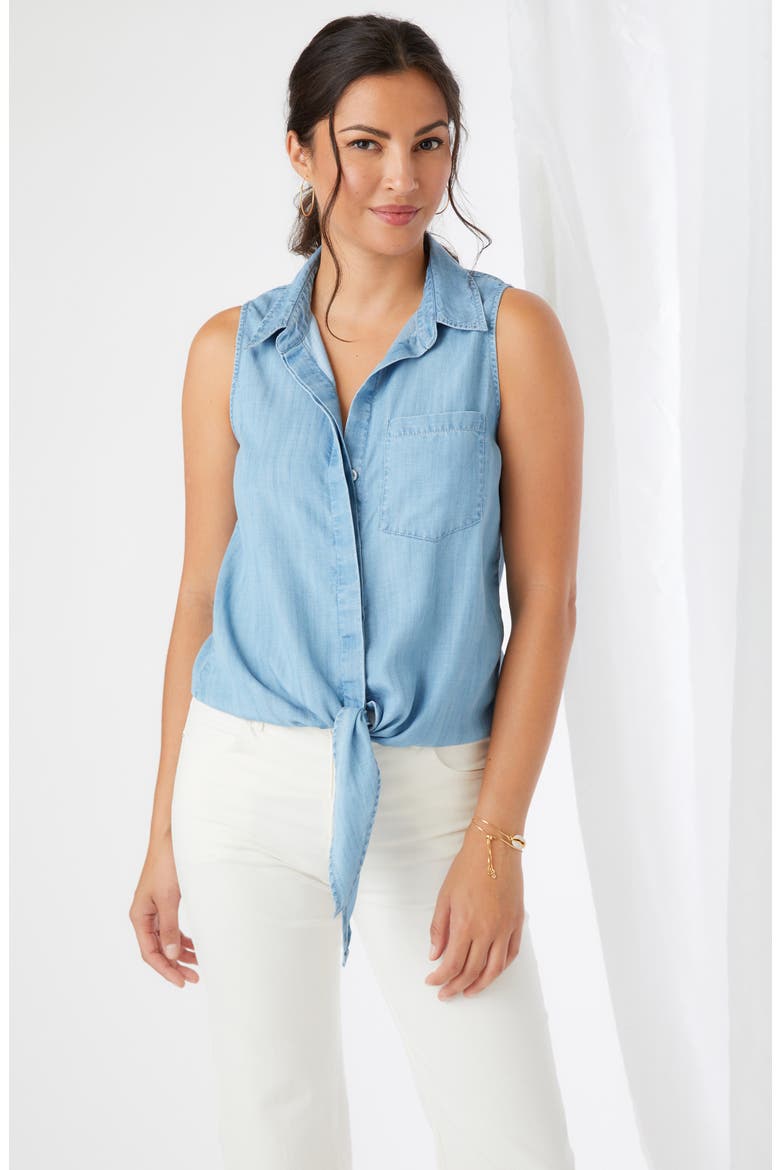 Tie Front Sleeveless Button-Up Top, Alternate, color, CHAMBRAY
