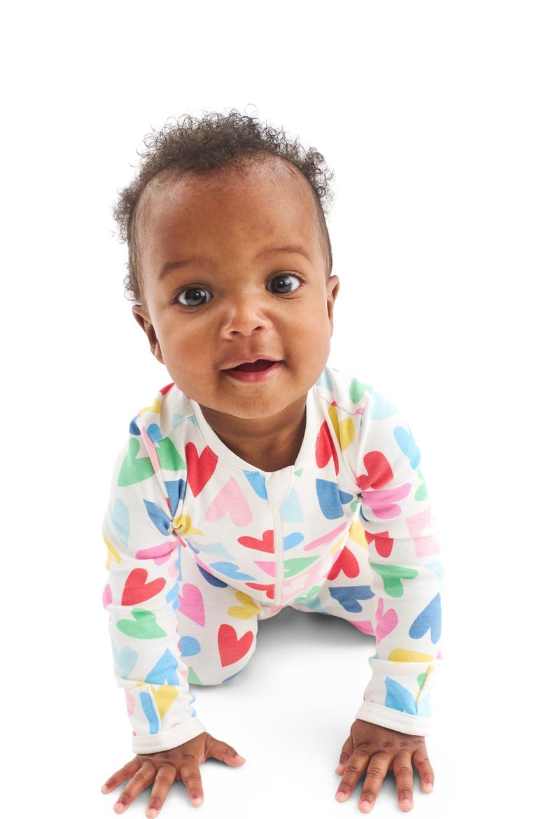Baby Organic Zip Footie In Rainbow Candy Hearts, Alternate, color, Ivory Rainbow Candy Hearts