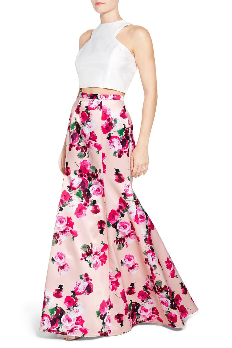 Xscape Floral Satin Two-Piece Ballgown, Alternate, color, PINK