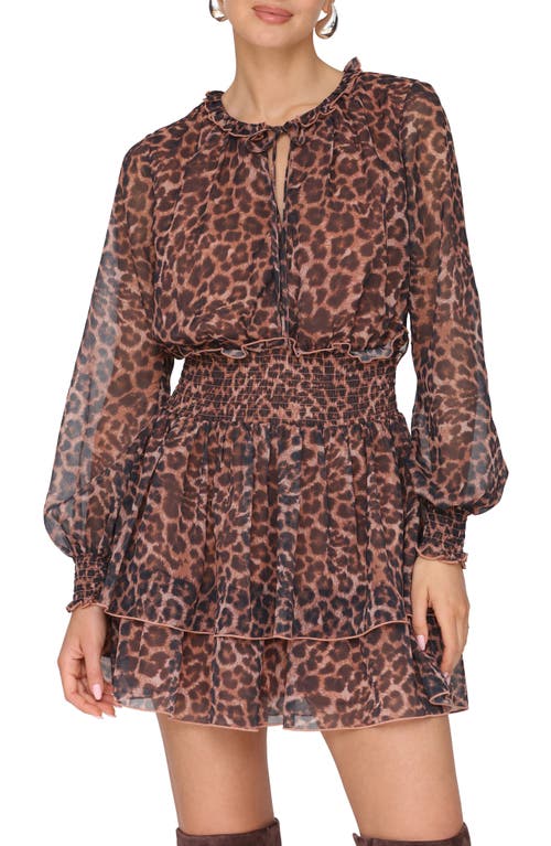 Avec Les Filles Print Ruffle Long Sleeve Minidress In Brown