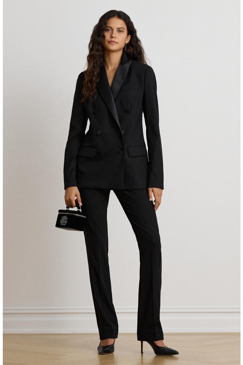 Satin-Trim Wool Crepe Straight Leg Pants, Alternate, color, BLACK