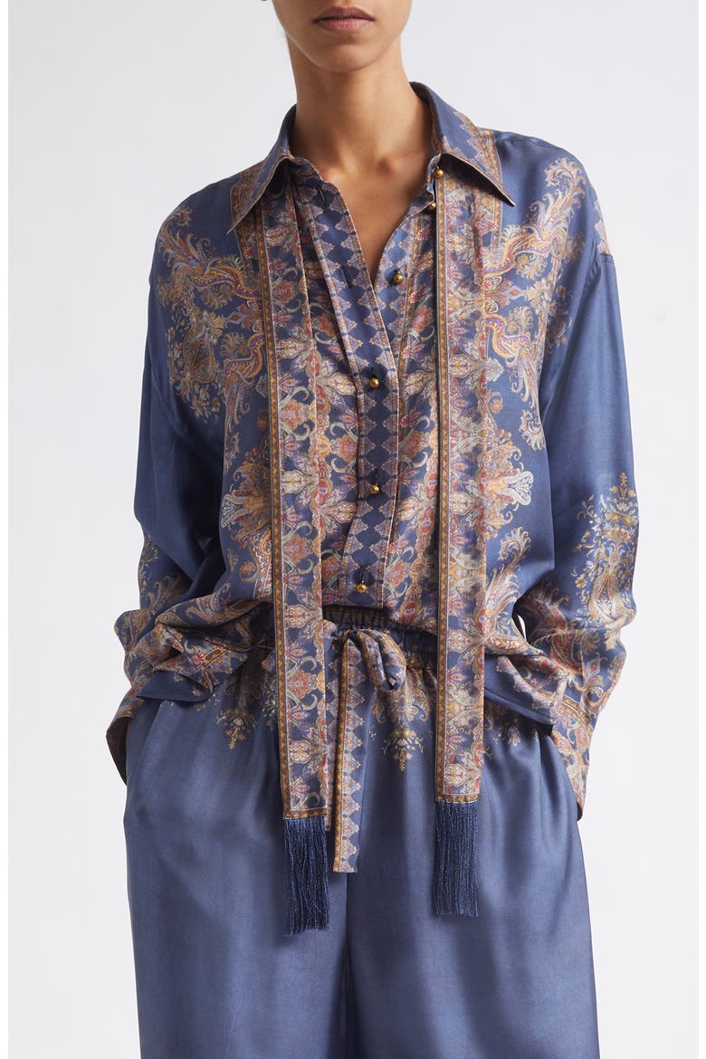 Valiant Paisley Print Tie Neck Silk Button-Up Shirt, Main, color, NAVY PAISLEY