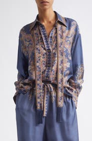 Zimmermann Valiant Paisley Print Tie Neck Silk Button-Up Shirt