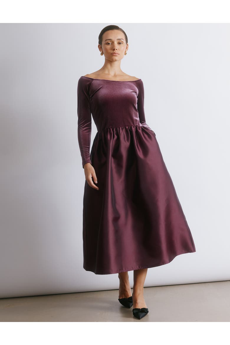 Velvet & Taffeta Bardot Dress, Main, color, Burgundy