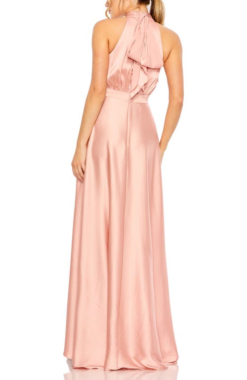 Mac Duggal High Neck Satin High Low Gown In Multi