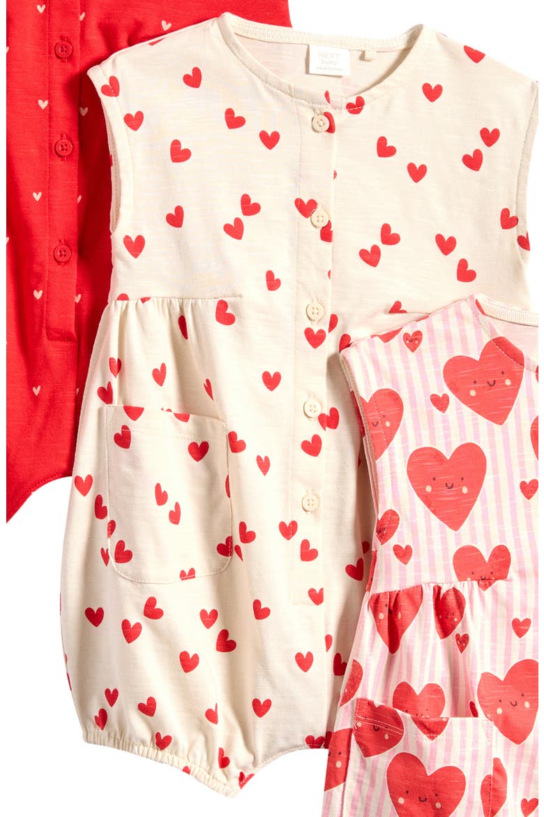 3-Pack Cotton Heart Rompers, Alternate, color, RED