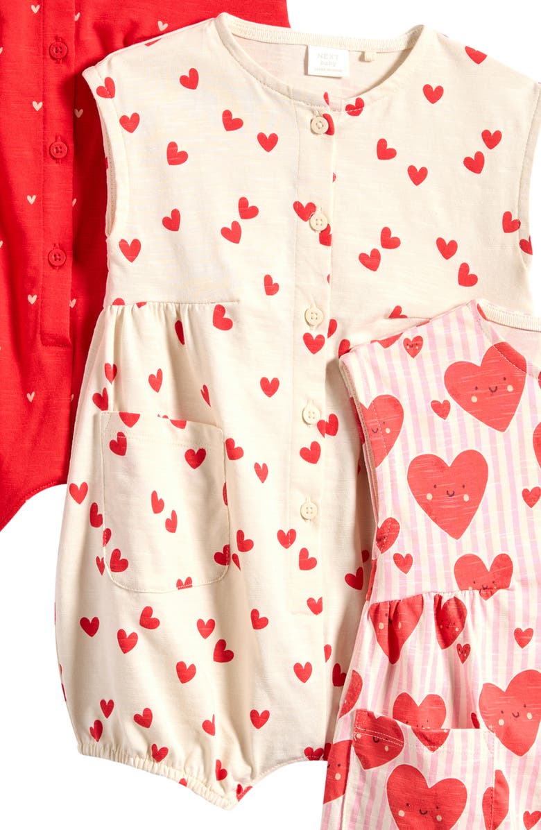 NEXT 3-Pack Cotton Heart Rompers, Alternate, color, Red