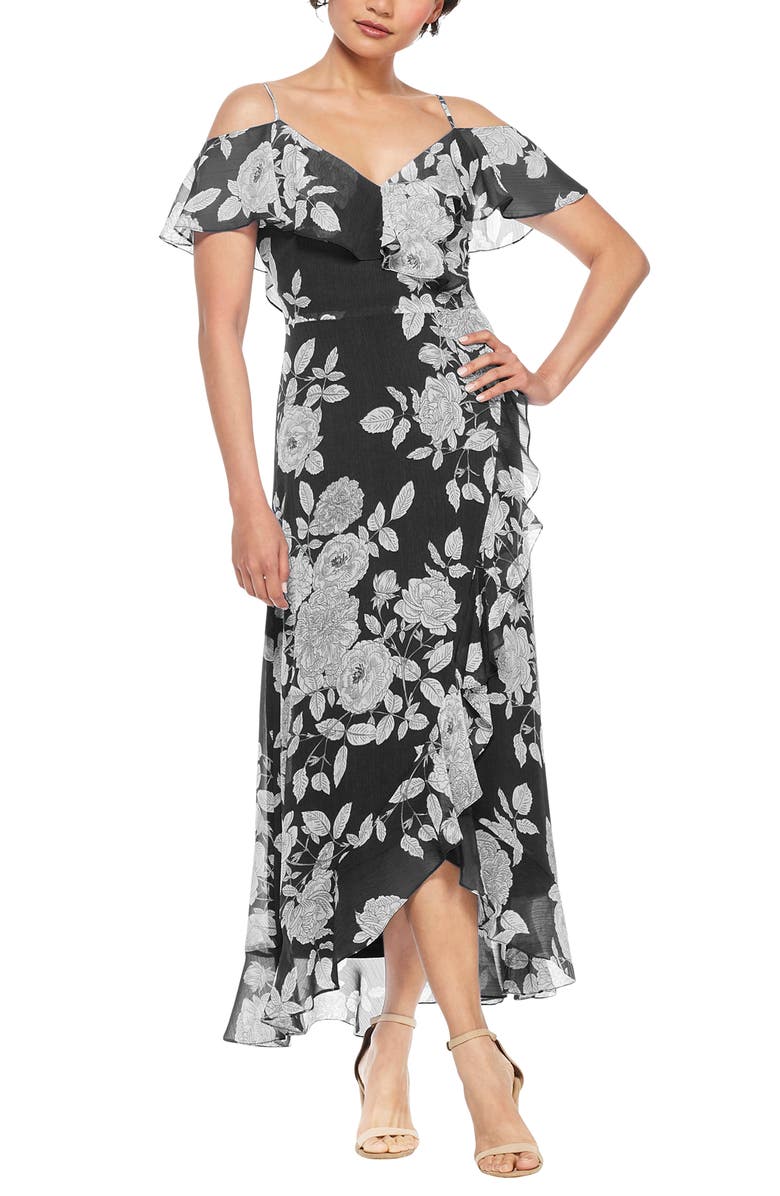 London Times Floral Ruffle Cold Shoulder Chiffon Maxi Dress, Alternate, color, 