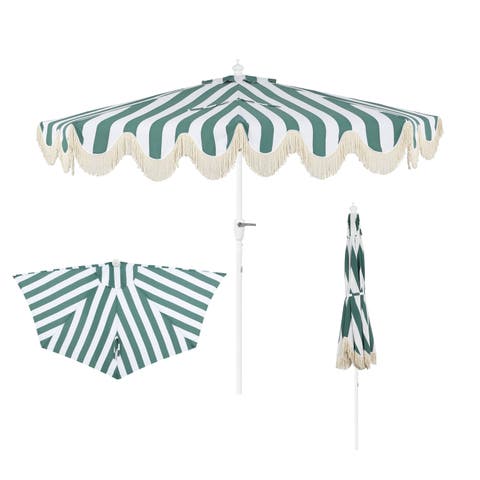 Beverly 9 ft. Designer Classic Scalloped Fringe Half Market Patio Umbrella with Crank, Push Button Tilt and UV Protection