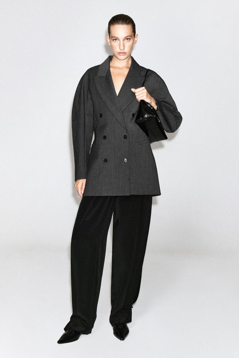 Sculpted Double-breasted Long-line Blazer, Main, color, GRAY MÉLANGE