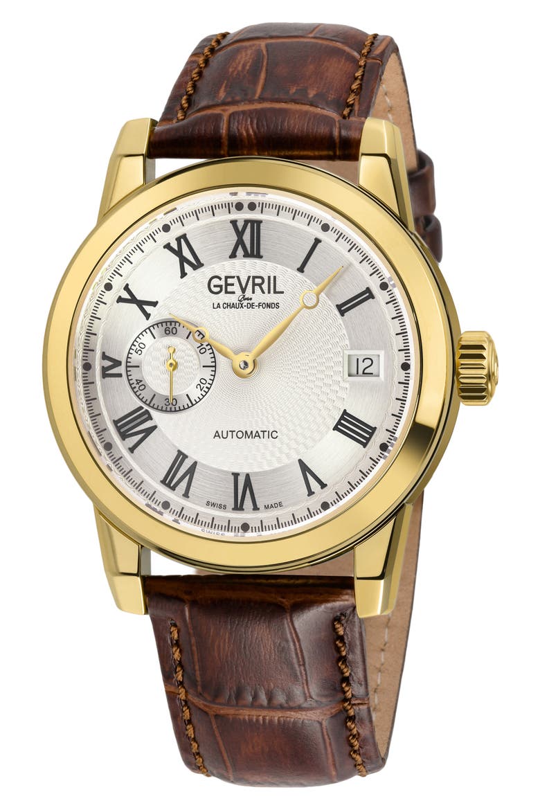 Madison Croc Embossed Leather Strap Watch, 39mm, Main, color, BROWN