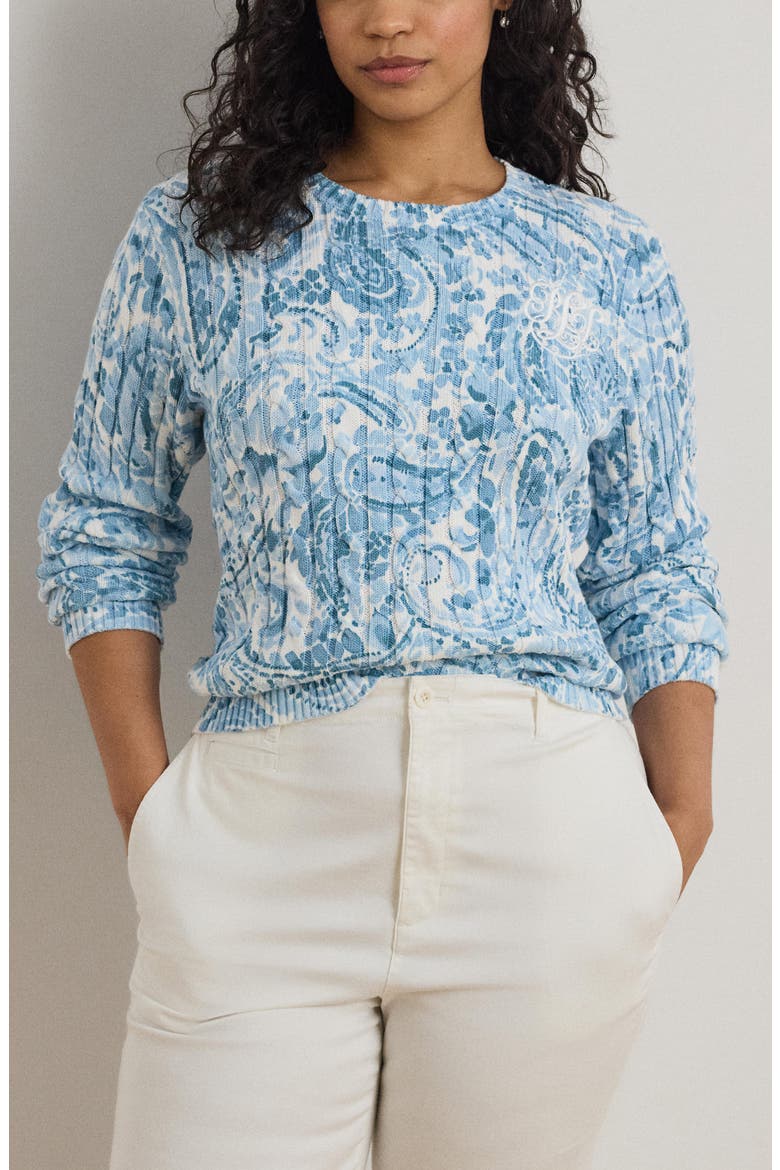 Paisley Cable Stitch Cotton Crewneck Sweater, Alternate, color, WHITE/ BLUE MULTI