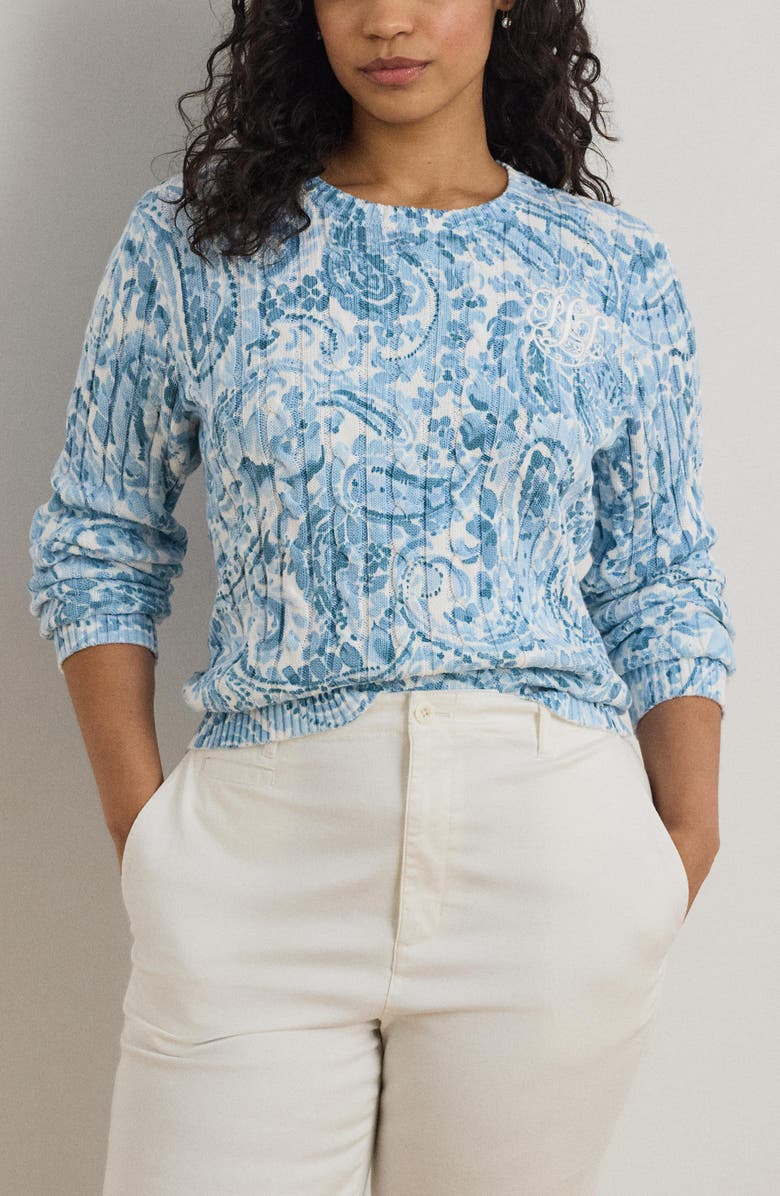 Lauren Ralph Lauren Paisley Cable Stitch Cotton Crewneck Sweater, Alternate, color, White/ Blue Multi